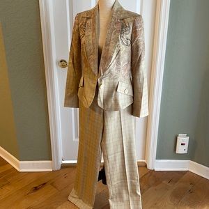 Christian Lacroix Tan Pinstripe pantsuit with beaded detail on Blazer.